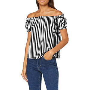 New Vero Moda Top Womens L Helen Milo Striped Off Shoulder Linen Nautical Blue